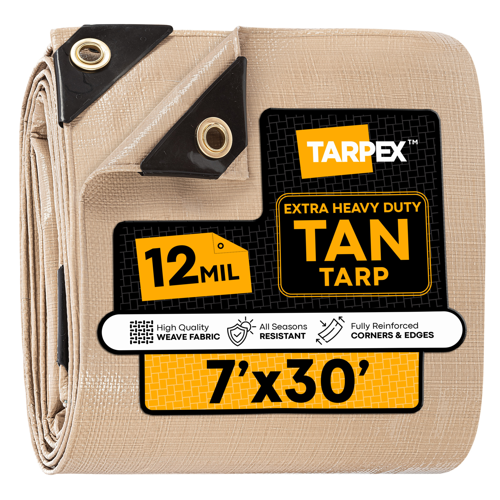 TARPEX 7' x 30' Tan Extra Heavy-Duty Weatherproof Tarp – 12 Mil Poly with Reinforced Edges for All-Purpose Protection